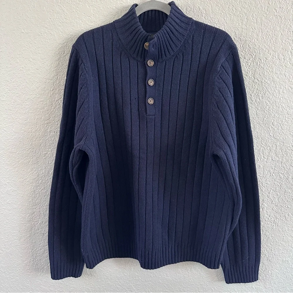 Brooks Brothers Ribbed Mock Neck Henley Wool Sweater Navy Large
